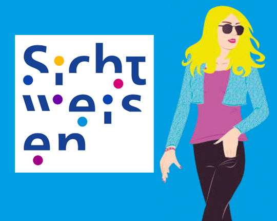 Logo Magazin Sichtweisen, mit blonder Frau in hellblauer Jacke und schwarzer Hose